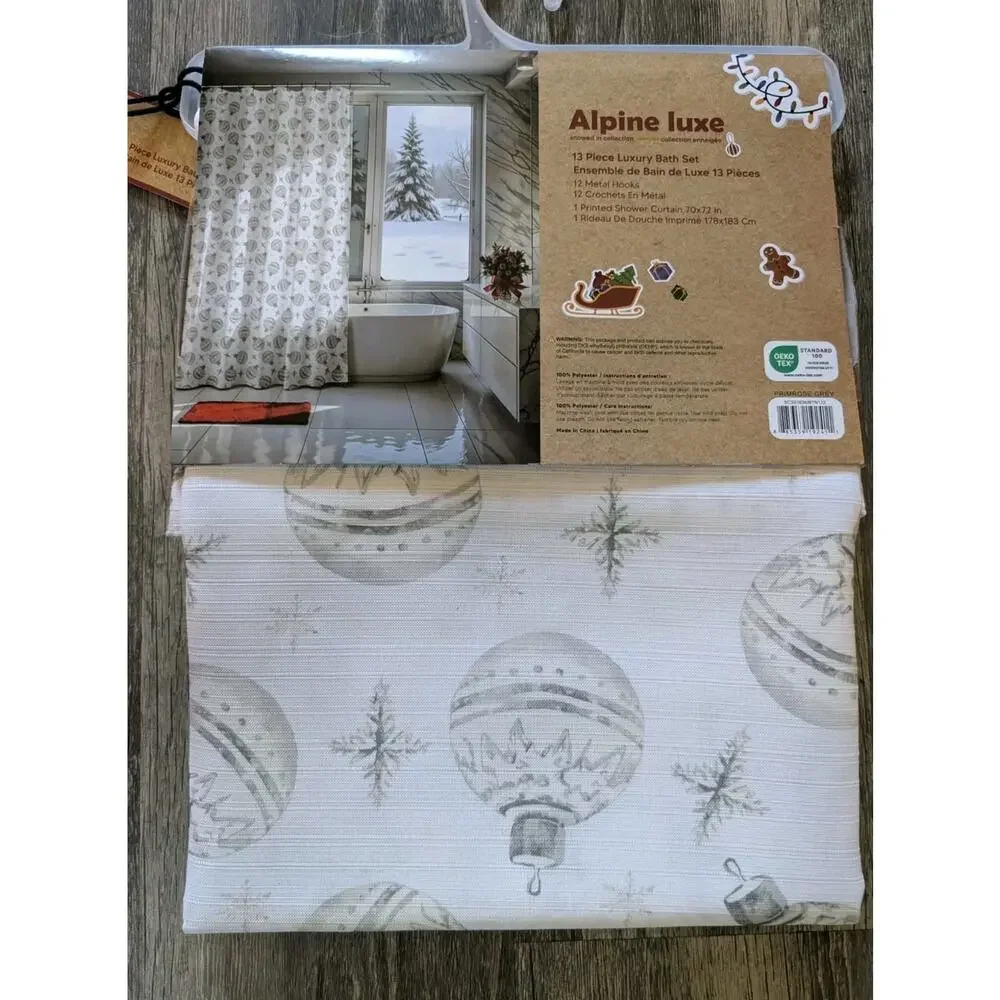 Alpine Luxe 13-piece luxury Christmas White Gray Ornament Shower Curtain set